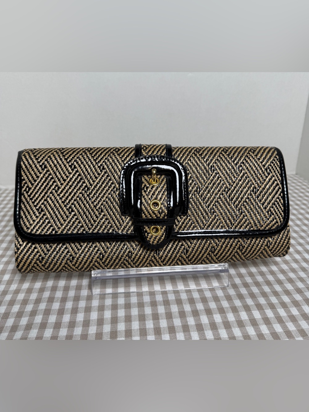 Preppy Straw Clutch with Black Patent Leather Trim and Buckle Banana Republic Y2